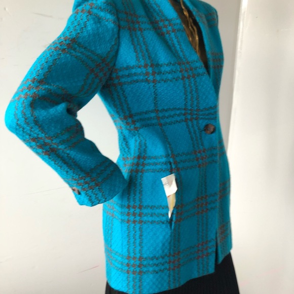 Vintage 1980s  Liz Claiborne  bold blue and black wool plaid blazer - Picture 4 of 11